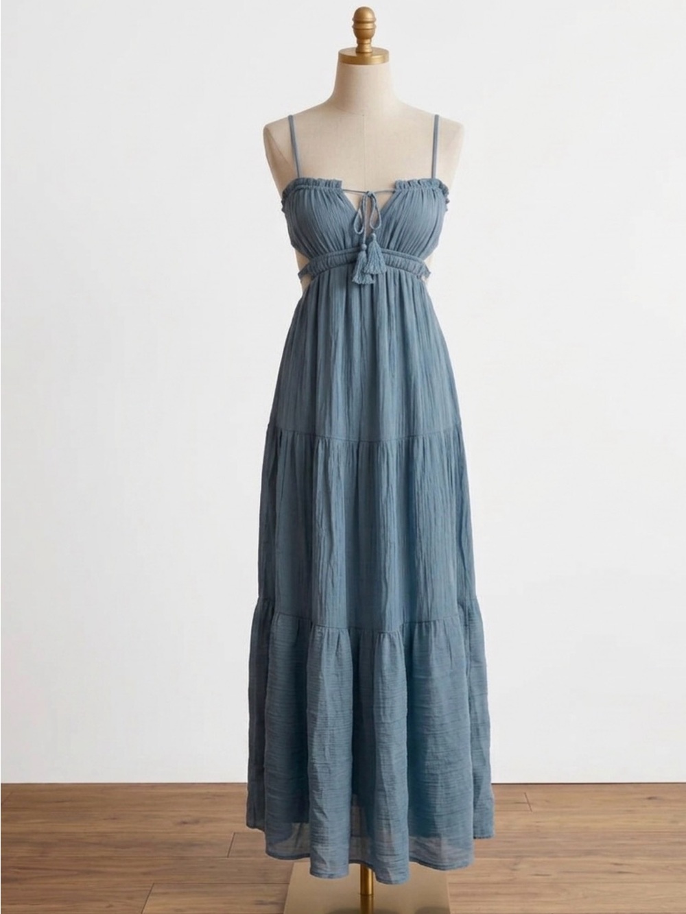 Dusty Blue Spaghetti-Strap Maxi Dress with Tassel Tie